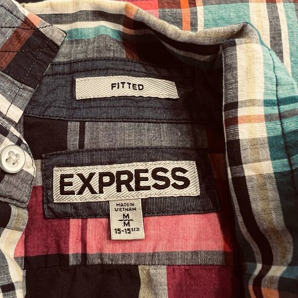 Express Men’s Plaid Short Sleeve Button Up Shirt Size Medium Blue Pink (A0128) - Picture 4 of 5